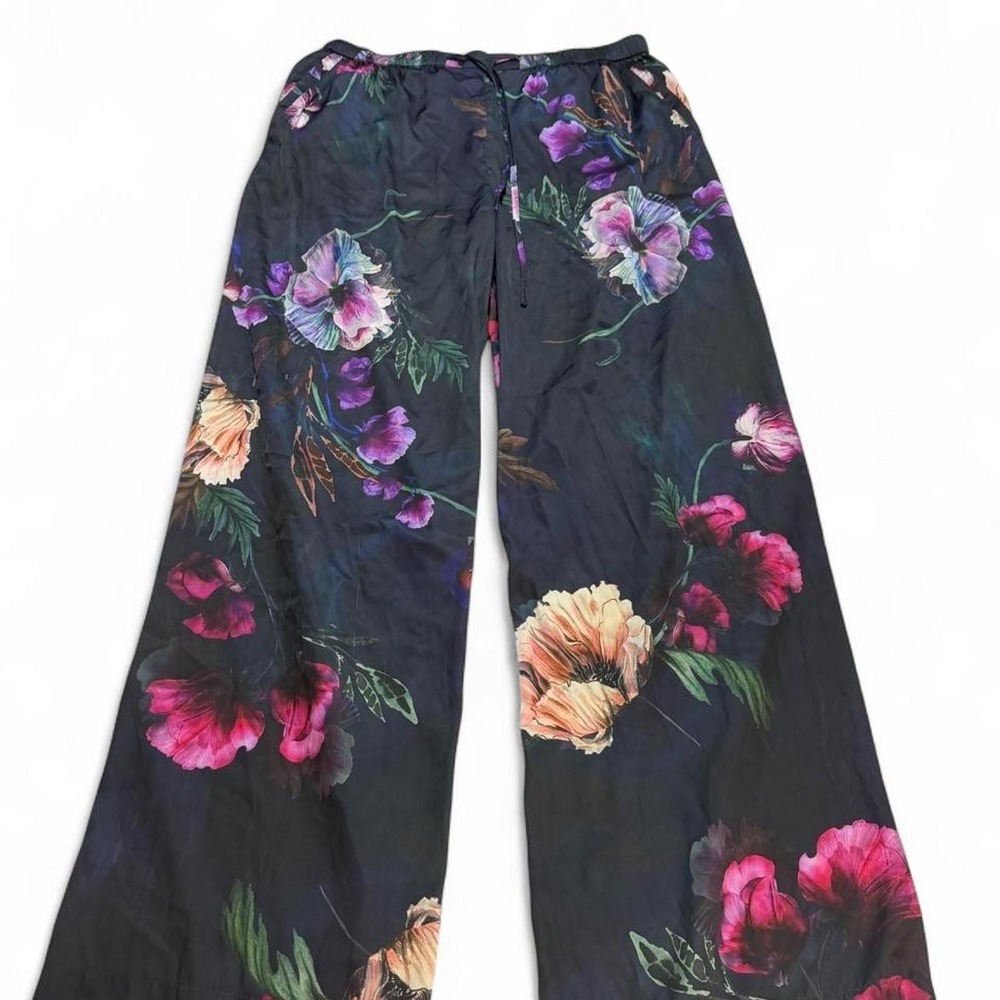 Whimsigoth Soma Dark Floral Watercolor Wide Leg Satin Lounge Pants